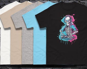 unisex Neon DJ Skeleton T-Shirt – Graffiti Style Halloween DJ Tee for Men & Women