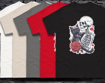 Camiseta gótica de Halloween: Camiseta gráfica de esqueleto abrazando a un gato