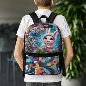 Graffiti Bunny Backpack: Urban Street Art Style, Water-Resistant