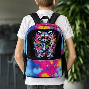 Graffiti Raccoon Backpack – Colorful Urban Street Art Style Bag for School, Work & Travel - Backpack