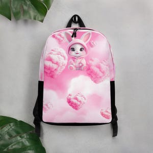 Cute Bunny Minimalist Backpack – Kawaii Pink Hoodie Rabbit with Heart Clouds – Adorable Aesthetic Bag for Kids and Teens