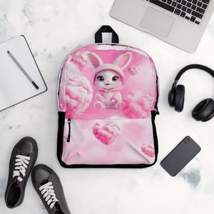 Cute Bunny Backpack – Kawaii Pink Hoodie Rabbit with Heart Clouds – Adorable Aesthetic Bag for Kids and Teens