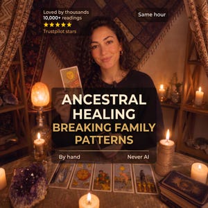 May include: A tarot card reading session featuring a person holding a Sun card, with five tarot cards laid out on a table. Text overlays include ANCESTRAL HEALING BREAKING FAMILY PATTERNS, Loved by thousands, 10,000+ readings, Same hour, By hand, and Never AI.