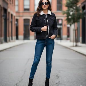 Puede incluir: Una persona con una chaqueta vaquera negra con cuello y forro de piel sintética blanca, combinada con vaqueros azules y botines negros. La chaqueta tiene cierres de botón y bolsillos. El fondo es una calle de la ciudad.