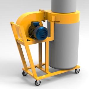 Può includere: Un depolveratore industriale giallo montato su un telaio metallico con quattro ruote piroettanti. L'unità presenta un motore elettrico blu fissato a un alloggiamento del ventilatore giallo, collegato a un grande contenitore cilindrico grigio.