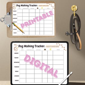 以下が含まれることがあります： 「Dog Walking Tracker」の印刷可能なフォームとタブレットのデジタル版が入ったクリップボード。印刷可能なフォームには鉛筆があり、デジタル版にはスタイラスがあります。どちらも散歩を追跡するためのグリッドがあります。