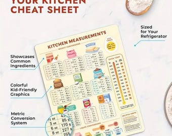 May include: A kitchen cheat sheet with colorful graphics and common ingredient measurements. Includes weight and liquid conversions, and oven temperature guides. The sheet is sized for a refrigerator.