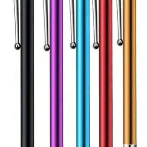 May include: Five brightly coloured stylus pens: black, purple, blue, red, and gold. Each has a silver clip and a black tip for touchscreens. The pens are arranged vertically against a white background.