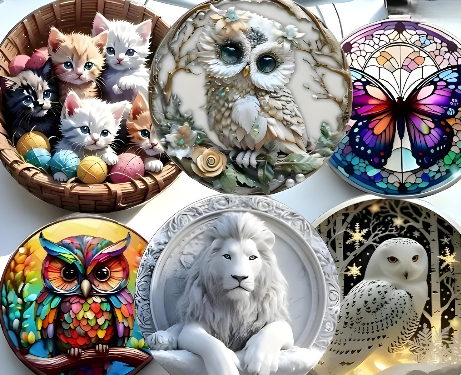 Animal Keychain Set &ndash; Cat, Lion, Owl & Butterfly Designs &ndash; Vintage, Floral, Stained 