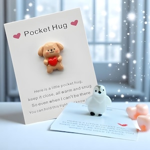 Abrazos de bolsillo de resina con forma de corazón - Minifiguras de perro y pingüino - Recuerdos inspiradores con tarjeta de regalo (Cumpleaños, San Valentín, Día de la Madre)