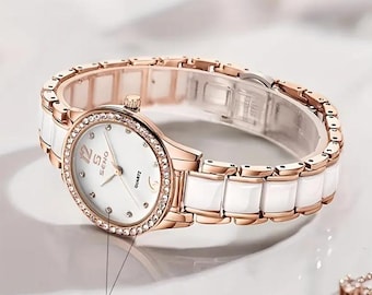 SENO Women's Watch Elegant Round Dial Ceramic Strap Watch, Stylish Ladies Wristwatch, Fashionable Gift for Her, Mother's Day Present