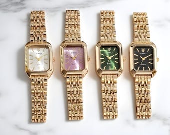 Women's Luxury Gold Rectangle Watch - Slim Quartz Watch - Adjustable Links (Tool Included) - Elegant Daily Wear & Office Style