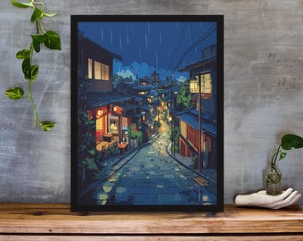 Tokyo Cartoon Illustration of a Rainy Night Japanese Alley Art Print - Enhanced Anime Manga Style Lo-Fi Street Scene v2