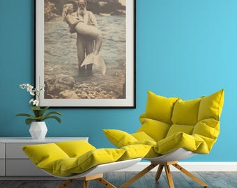 Vintage Sailor Photo Holding a Mermaid on the Beach, Retro Nautical Art, Ocean Decor, Sea Fantasy Print, Antique Maritime Wall Art Gift, v1