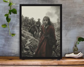 Soldiers Encounter a Lost Innocent Girl in Red Dress on the Battlefield Trenches - Vintage Retro Style Monochrome Photo with Red Accent