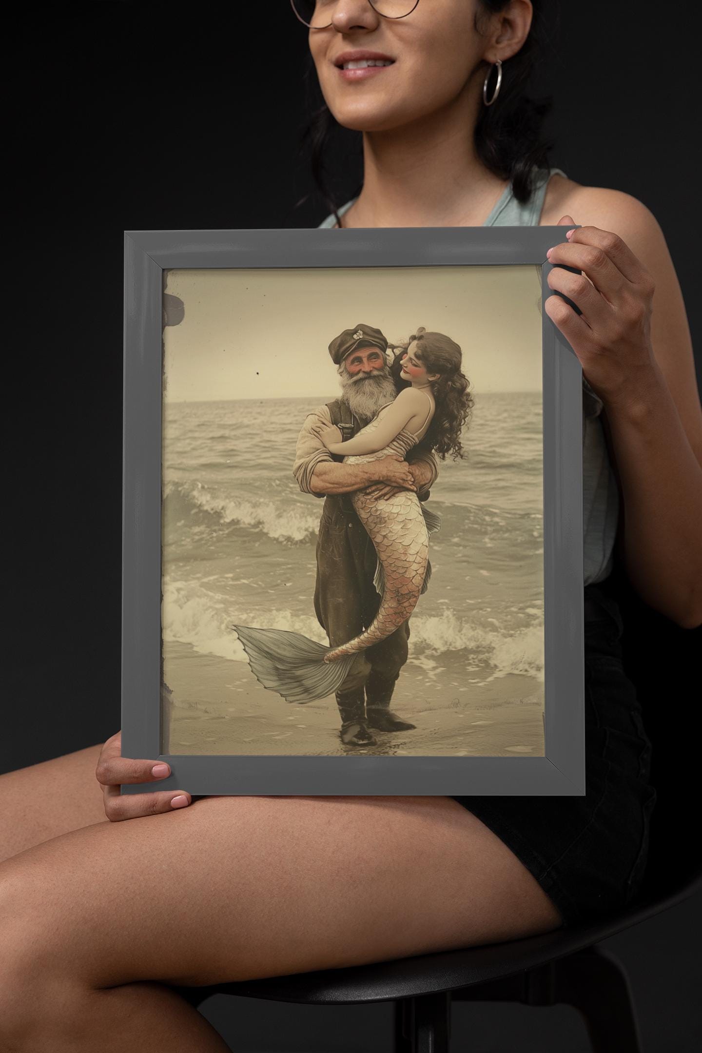 Vintage Sailor Photo Carrying Mermaid on Beach, Retro Nautical Art, Ocean Decor, Sea Fantasy Print, Antique Maritime Wall Art Gift Version 2