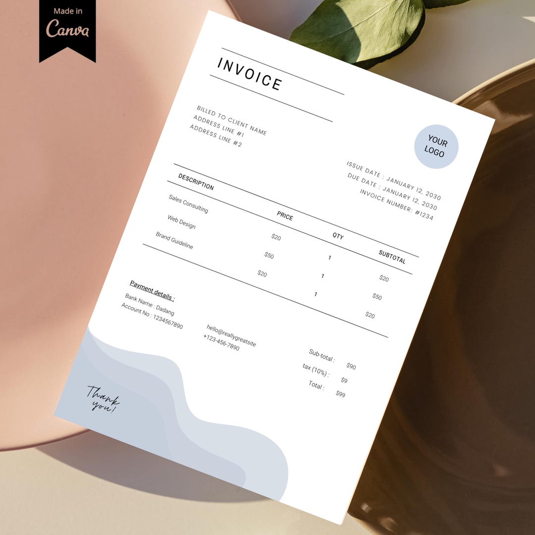 Canva Invoice Template | Minimalist Business Billing | Editable A4 & US ...