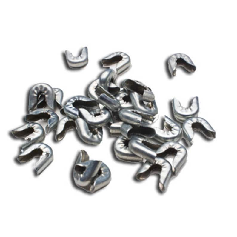 May include: A pile of silver metal cable end crimp connectors. The connectors are shaped like a U and are designed to be used with wire.