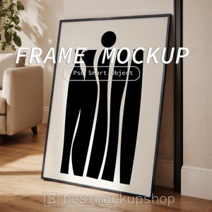 DIN A Vertical Frame Mockup, Frame Leaning on Wall Template for Photoshop, Thin Black Frame PSD for Prints and Artwork, Interior Mockup