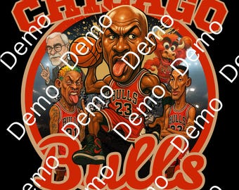 Puede incluir: Gráfico negro con una caricatura de Michael Jordan y el logotipo de los Chicago Bulls y miembros del equipo. El diseño incluye el texto "Chicago Bulls" y "72-10" sobre un fondo negro.