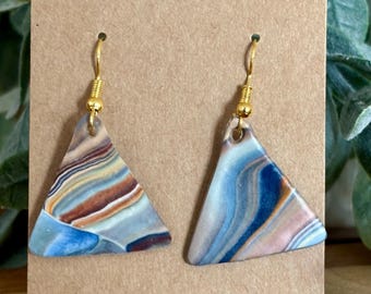 Triangle Stones - Marble Effect Handmade Polymer Clay Earrings (Blue/Brown)