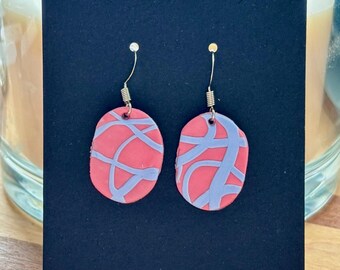 Pink and Blue &#39;Scribbles&#39; - Handcrafted Polymer Clay Oval Earrings
