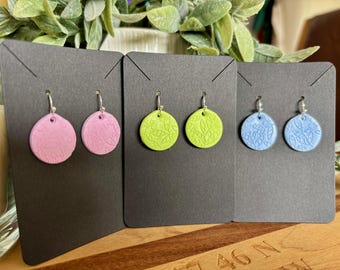 Embossed Leaf Motif Handmade Polymer Clay Earrings Pastel Colours (Diamond/Round)