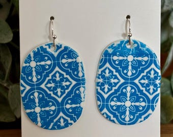 Portuguese Tile Inspired Blue and White Handmade Polymer Earrings