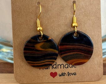 Handmade &#39;Wood&#39; Discs - Polymer Clay Brown Marble Effect Earrings