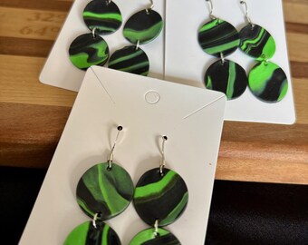 Black/Green Planets - Handcrafted Polymer Clay Earrings.
