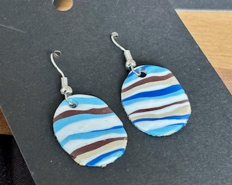 Ripples - Handmade Polymer Clay Blue/White/Brown Earrings