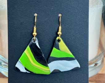 Triangle Stones - Marble Effect Handmade Polymer Clay Earrings (Green/Black/Yellow)