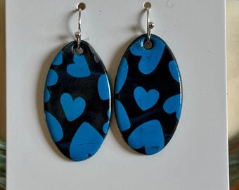 My Blue Heart - Handmade Polymer Clay Black Earrings with Blue Heart Stenciling