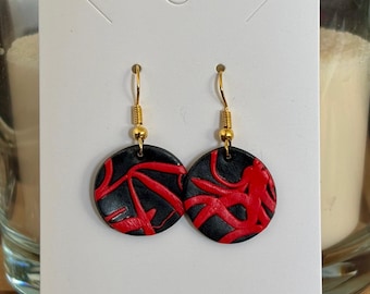 Black and Red &#39;Scribbles&#39; - Handcrafted Polymer Clay Earrings