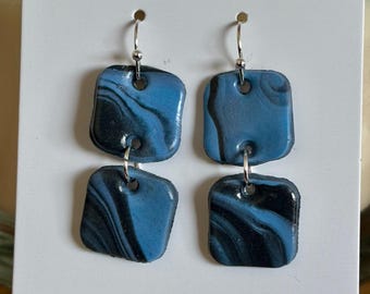Blue/Grey &quot;Block Chain&quot; - Handcrafted Polymer Clay Earrings