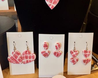 Handmade Polymer Clay Earrings and Necklaces - Red Flower Hearts