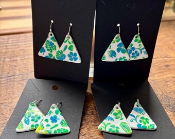 Garden Stencil Handmade Polymer Clay Earrings White, Blue, Green and Yellow (Triangle and Round)