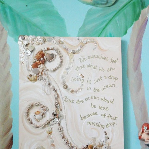 shabby Seashell Art Original with Quote Vintage Jewelry Mix Media