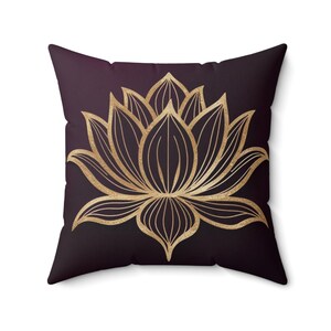 Square Pillow - Faux Suede Golden Lotus Flower Design with Rich Plum Background