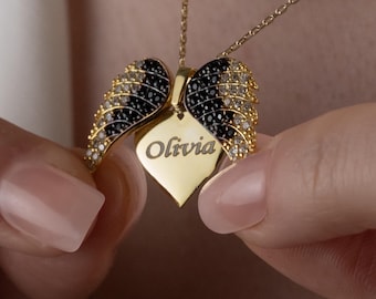 Angel Wings Heart Necklace – Custom Hidden Name Pendant, Guardian Angel Memorial & Christmas Gift, Gold Rose Silver Wing Jewelry