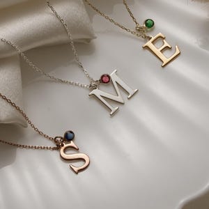 14K Gold Birthstone Initial Necklace, Custom Nameplate Gift , Family Birthstone Jewelry, Personalized Charm, Dainty Letter Pendant