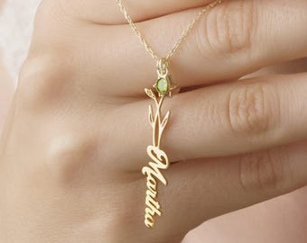 Birth Flower Name Necklace with Birthstone, Custom 925 Sterling Silver Jewelry, Personalized Name Necklace, Christmas Gift for Her