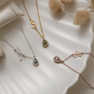 Personalized Birthstone Initial Necklace, Teardrop Letter Pendant, 925 Sterling Silver, Gold or Rose Gold Jewelry, Christmas Gift for Her