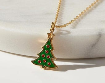 Gold Christmas Tree Necklace, Green Enamel Holiday Pendant, Jewelry Gift for Her, Christmas Gift for her