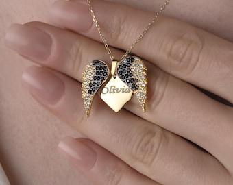 Personalized Angel Wings Heart Necklace • Hidden Name Engraved Pendant • Guardian Angel Memorial Gift • Gold, Rose & Silver Wing Jewelry