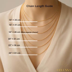 May include: A gold necklace chain length guide. The image shows a person wearing multiple gold necklaces of varying lengths, from 14 inches (35 cm) to 24 inches (61 cm). Text indicates the chain lengths and approximate centimeter equivalents.