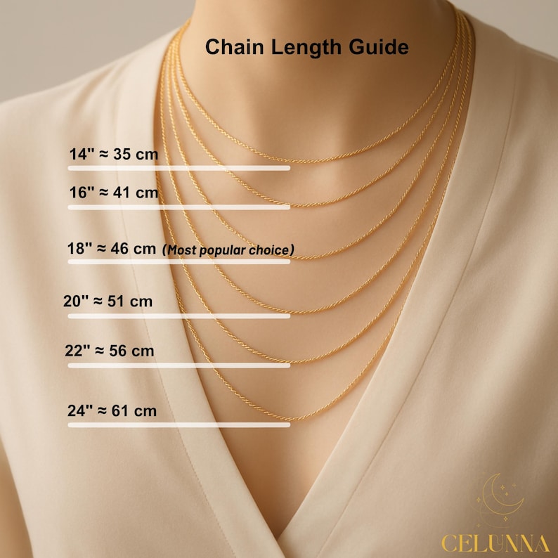 May include: A gold necklace chain length guide. The image shows a person wearing multiple gold necklaces of varying lengths, from 14 inches (35 cm) to 24 inches (61 cm). Text indicates the chain lengths and approximate centimeter equivalents.