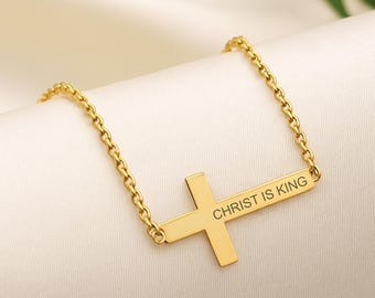 Faith Over Fear Cross Necklace – Blessed & Christ Is King | Christian Christmas Gift for Women | 925 Silver, Gold, Rose Gold