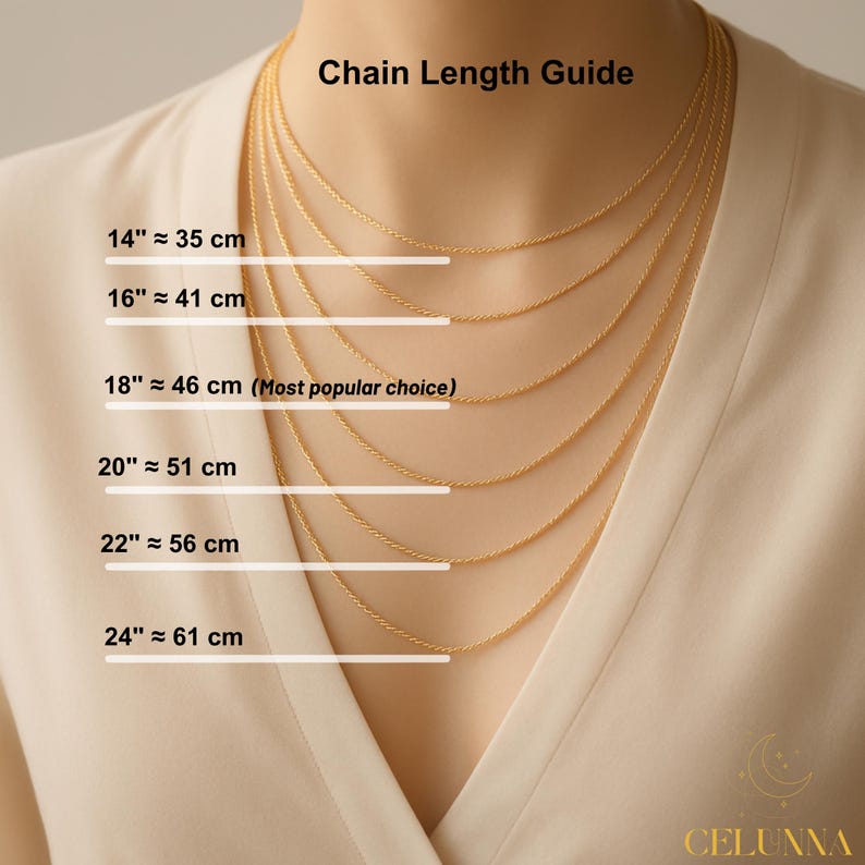 May include: A gold-colored necklace chain length guide. The image shows six different chain lengths, ranging from 14 inches (35 cm) to 24 inches (61 cm), with corresponding measurements in centimeters. The text "Chain Length Guide" is at the top.