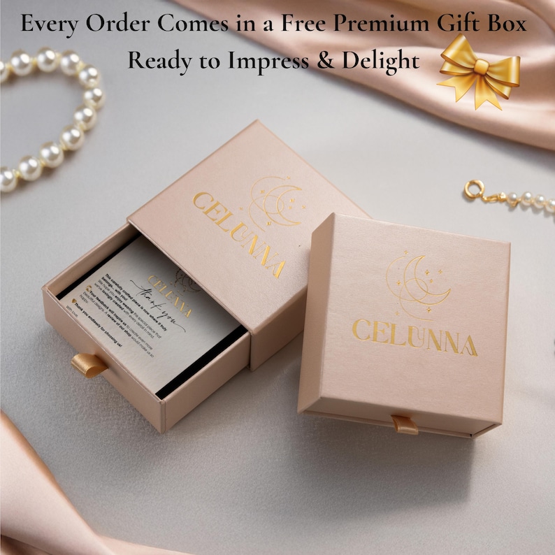 May include: Two open pink gift boxes with gold lettering that reads "CELUNNA". One box is open, revealing a card that says "thank you". The text "Every Order Comes in a Free Premium Gift Box Ready to Impress & Delight" is at the top.